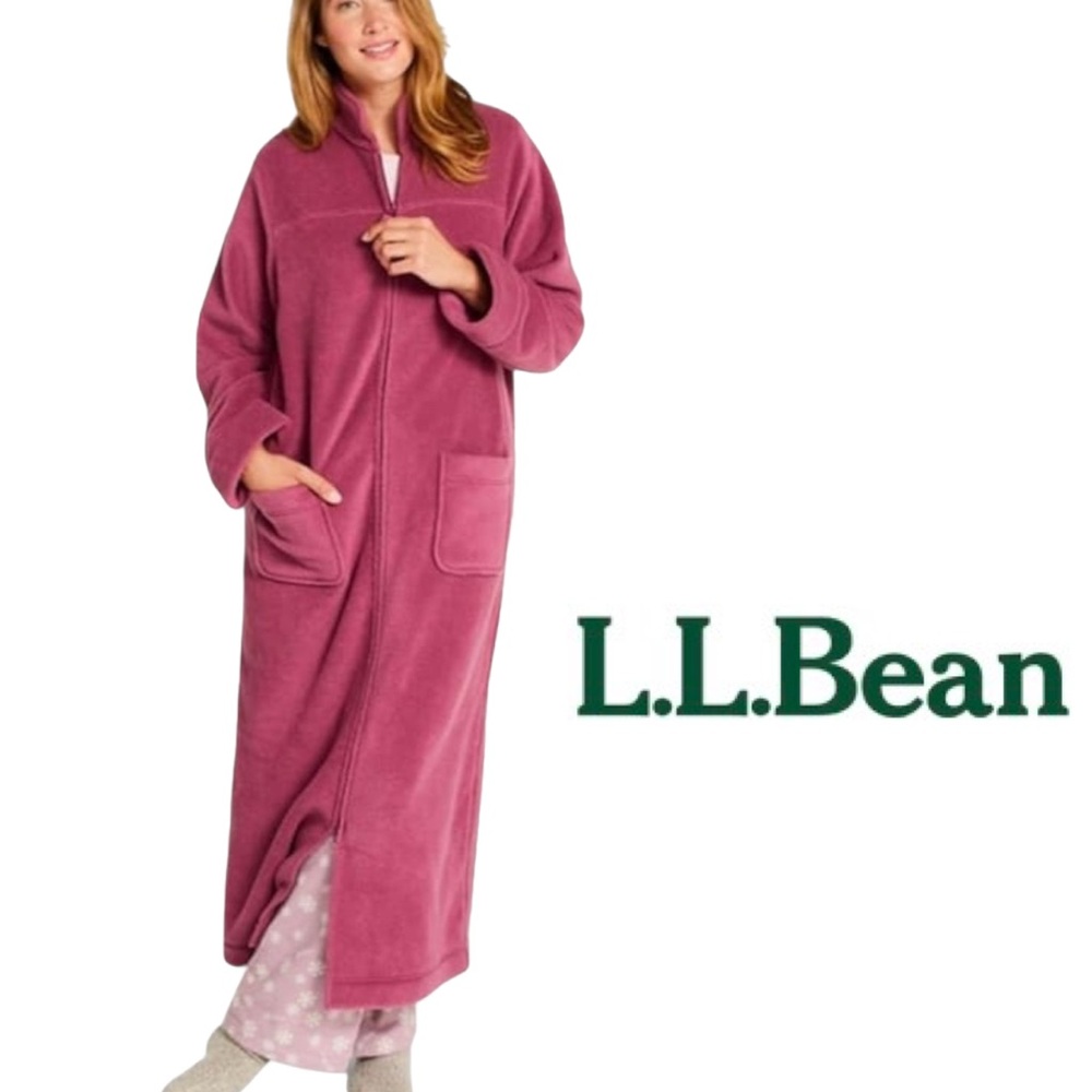 L.L. BEAN Fleece Pink Zip-up Winter Robe Long Sleeve Collar Front Pockets Medium